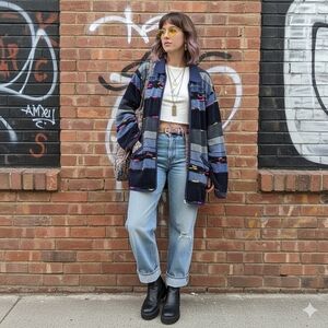 Daniel K Sweater Cardigan XXL Oversized Blue Knit Striped 3D Full Zip Patchwork